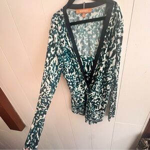 Ellen Tracy Teal and White Patterned Cardigan